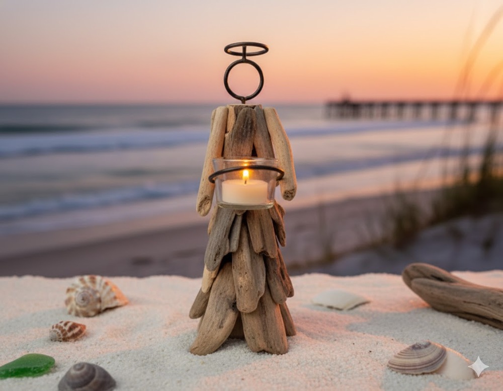 Artisan Coastal Driftwood Angel Candle Holder Vintage Beach Boho Heirloom